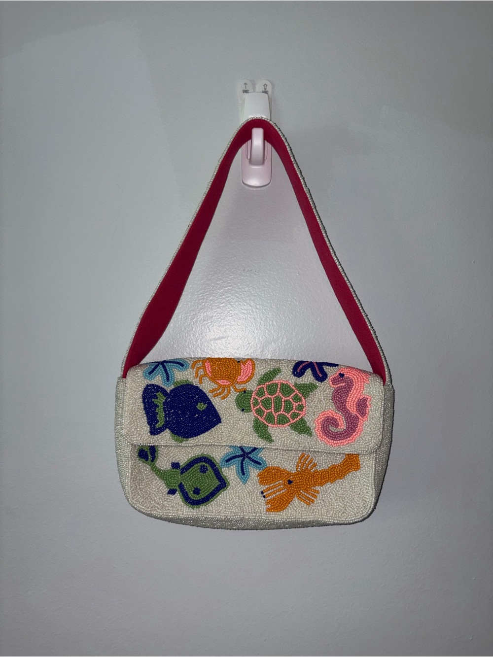 Beaded Sea Life Mini Shoulder Bag - Cream with Pink Strap
